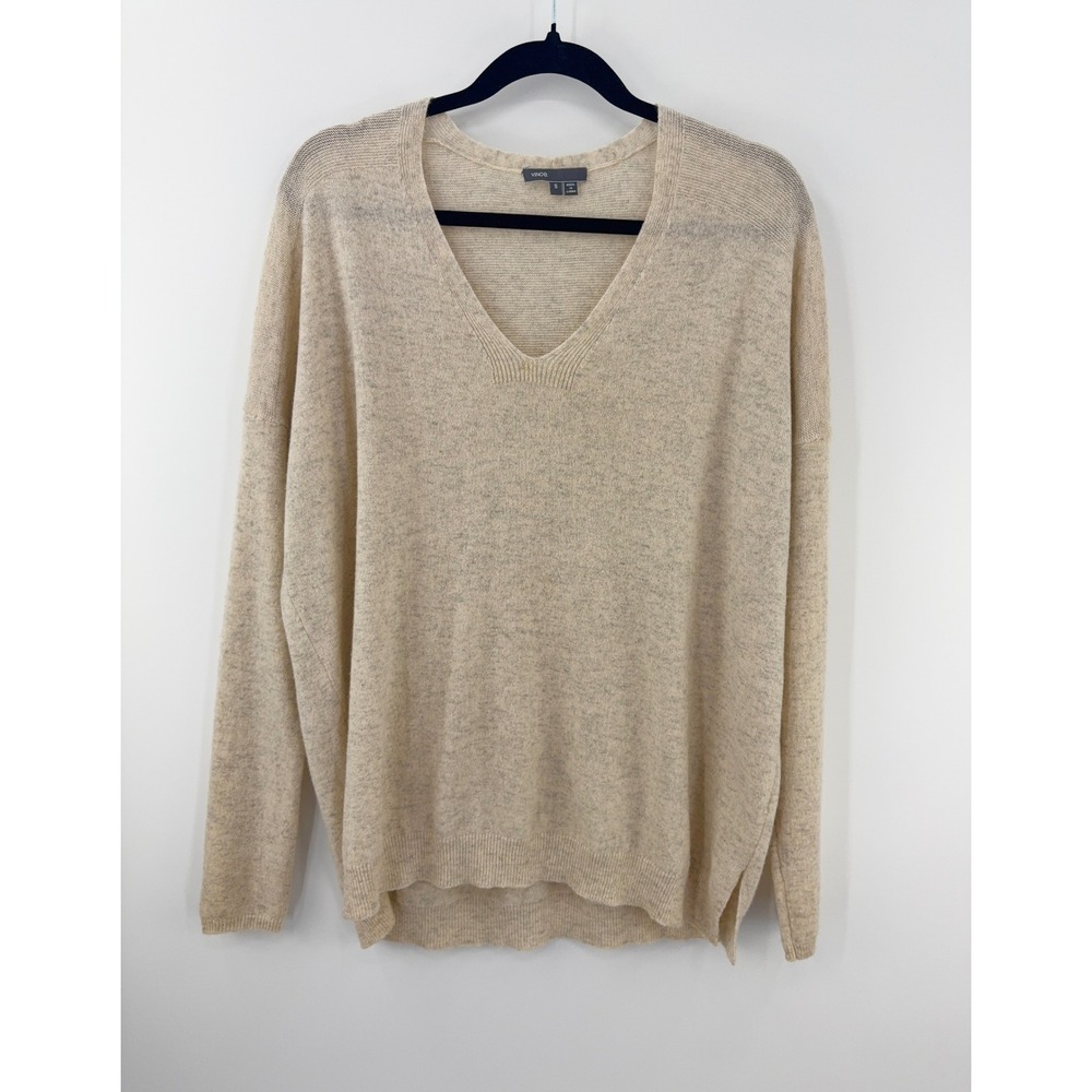 B18 Vince V Neck Sweater S Beige Likely Cashmere Blend Heathered Knit Relaxed